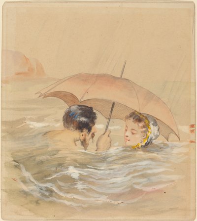 Männliche und weibliche Badende mit Regenschirm von Alfred Grevin